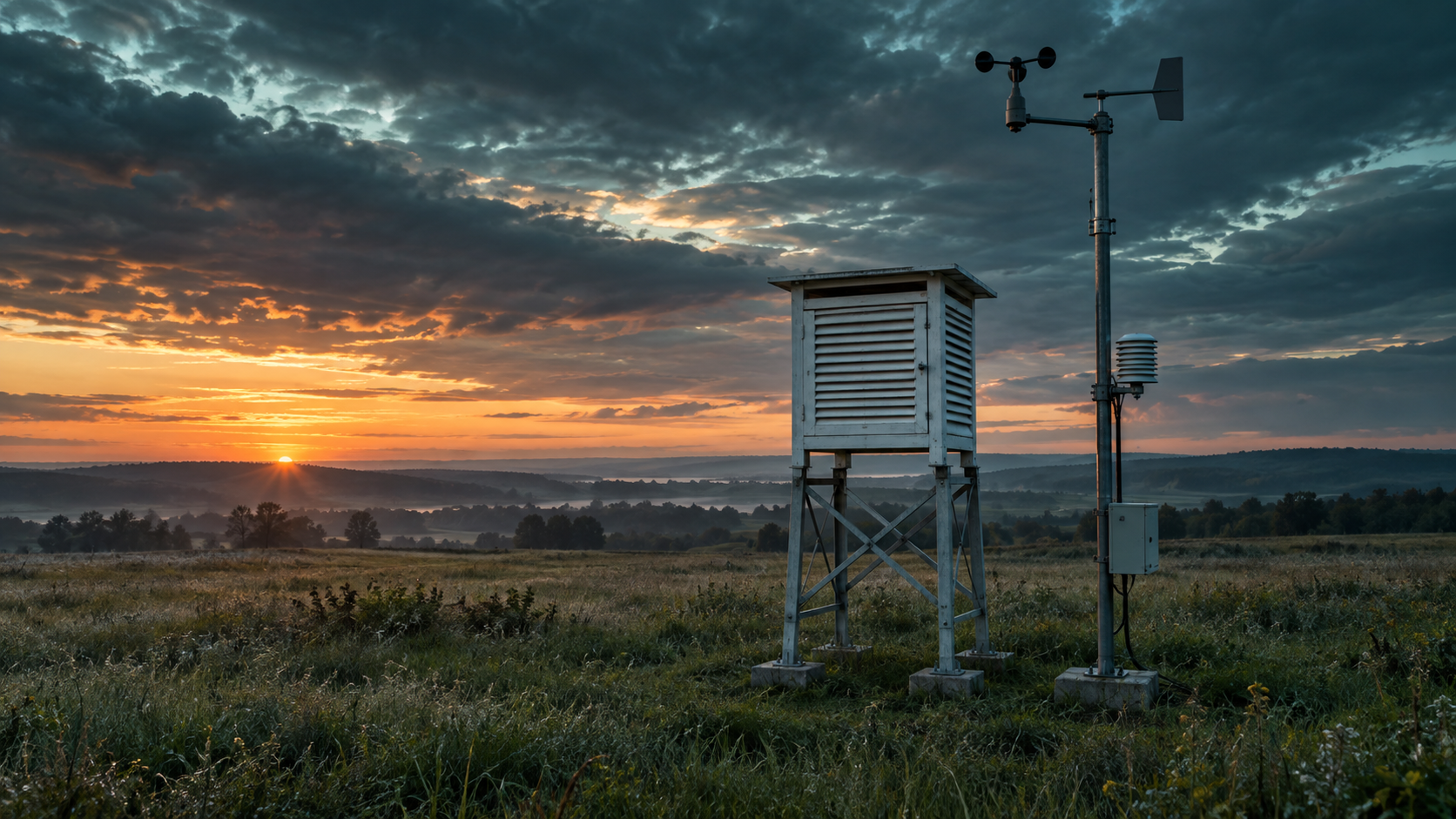 Illustration of weather observation instruments in an open field